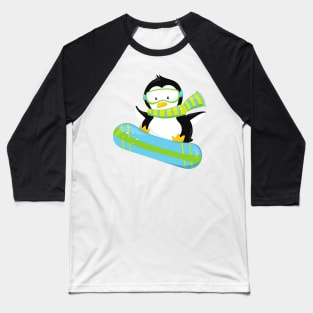 Cute Penguin, Penguin With Scarf, Snowboarding Baseball T-Shirt